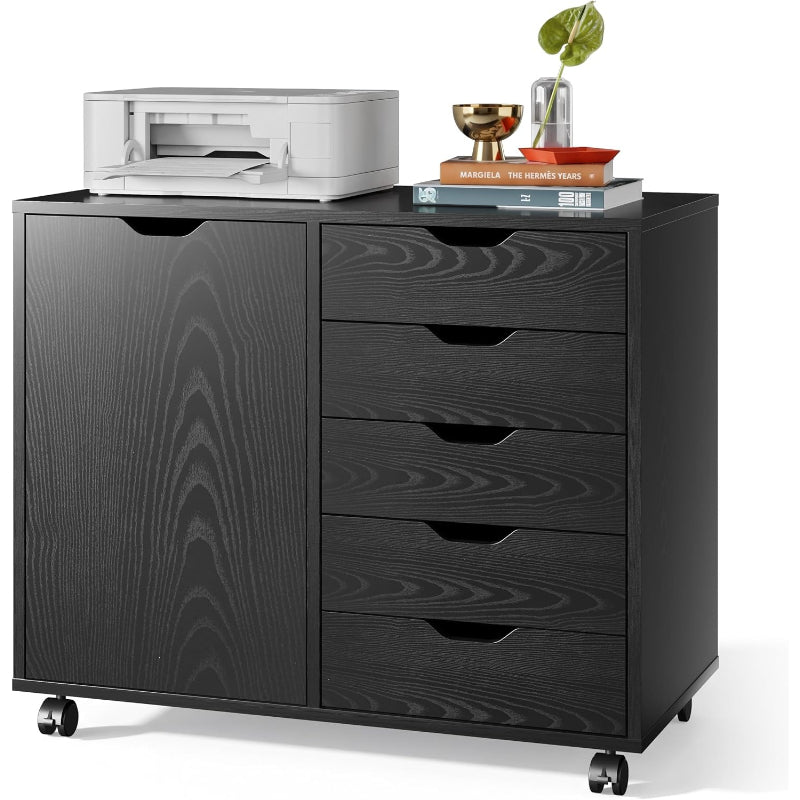 Black 5‑Drawer Wood Office Storage Cabinet