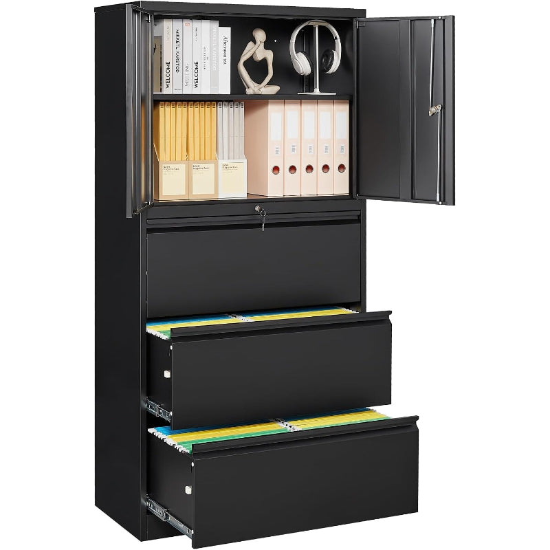 White 3‑Drawer Lockable Lateral File Cabinet with Shelf