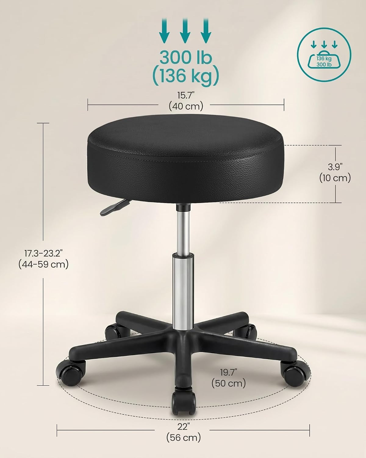 Black Swivel Round Rolling Stool 300LBS