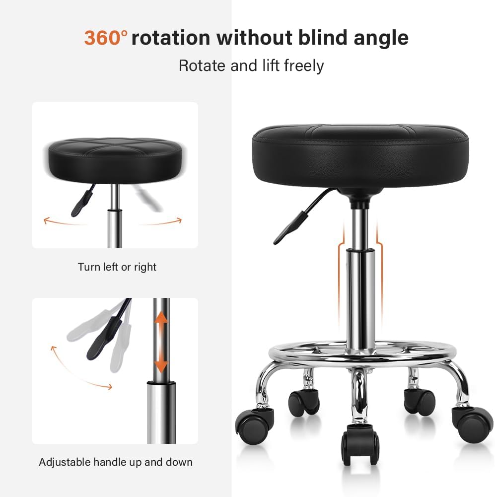 Black Adjustable Swivel Round PU Leather Rolling Stool