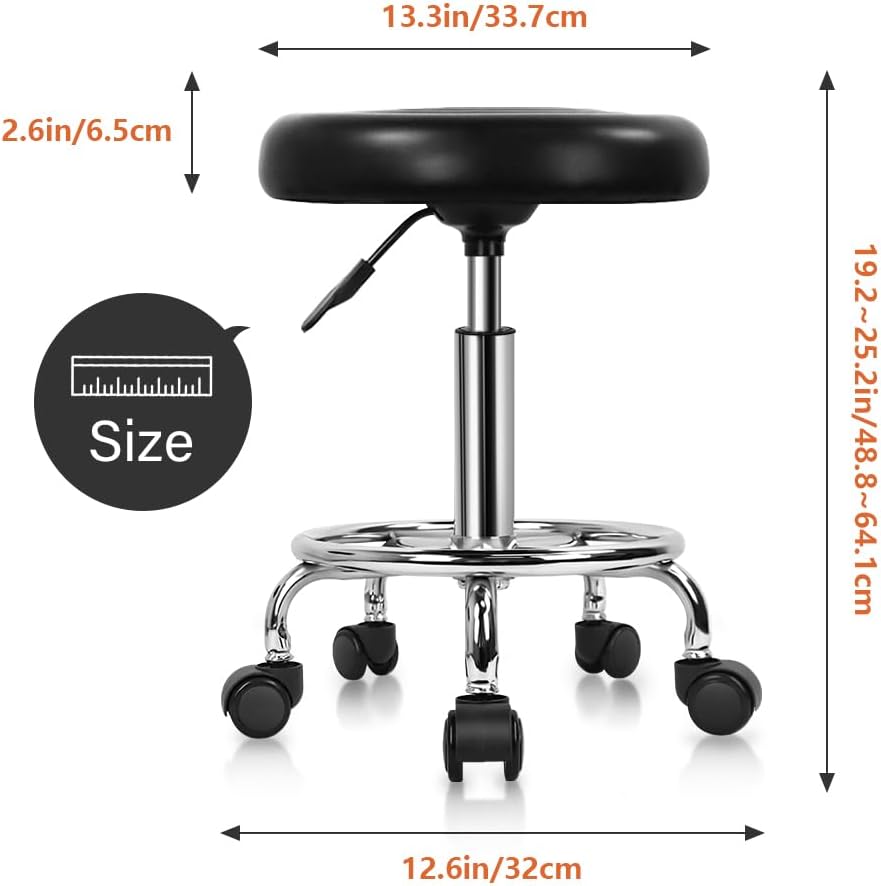 Black Adjustable Round Rolling PU Leather Stool