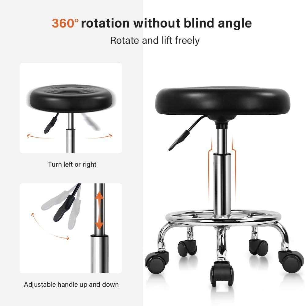 Black Adjustable Round Rolling PU Leather Stool