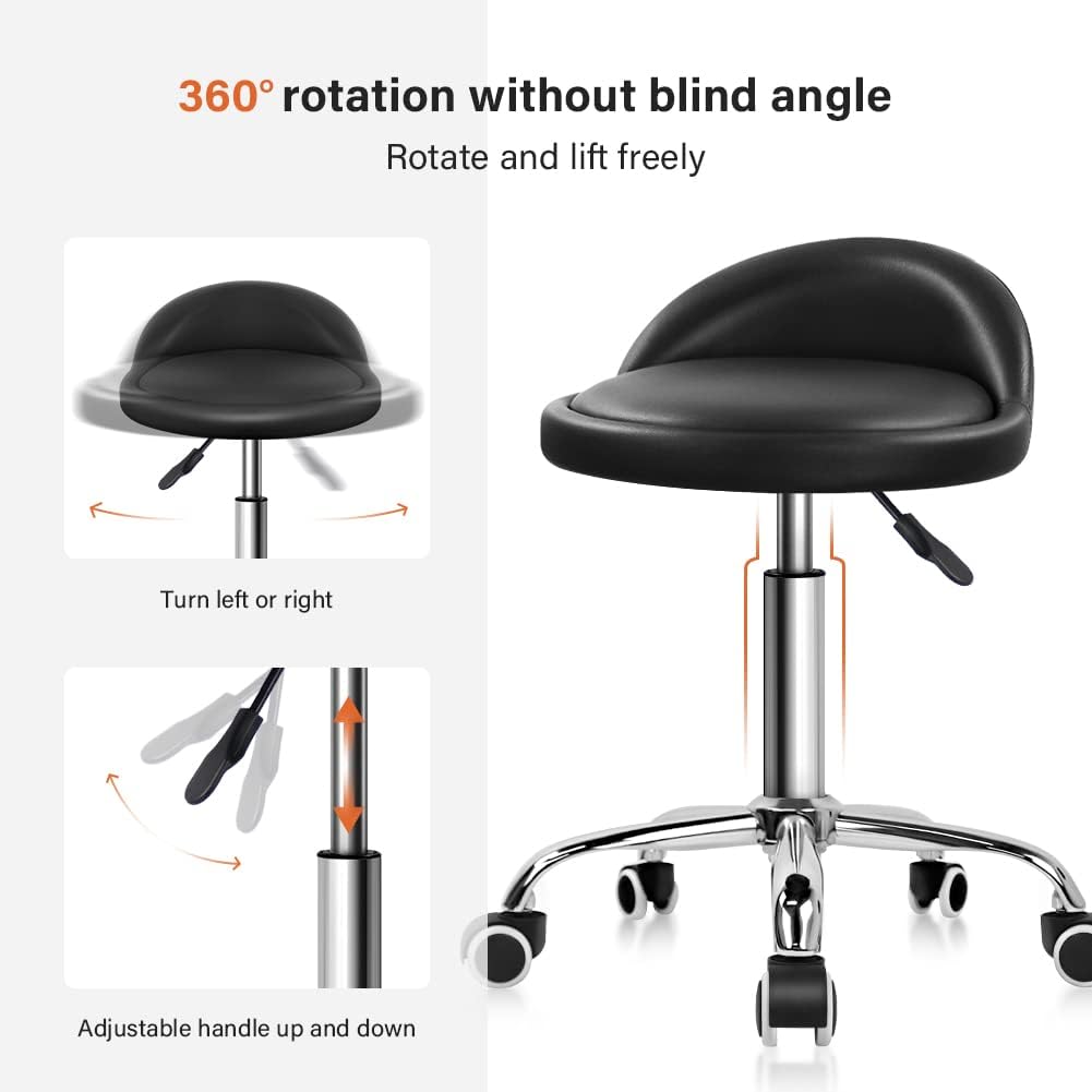 Black Adjustable Swivel PU Rolling Stool with Backrest