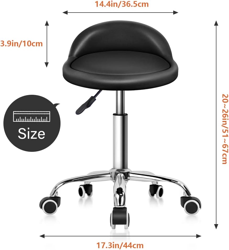 Black Adjustable Swivel PU Rolling Stool with Backrest