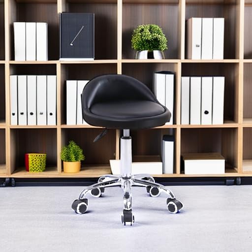 Black Adjustable Swivel PU Rolling Stool with Backrest