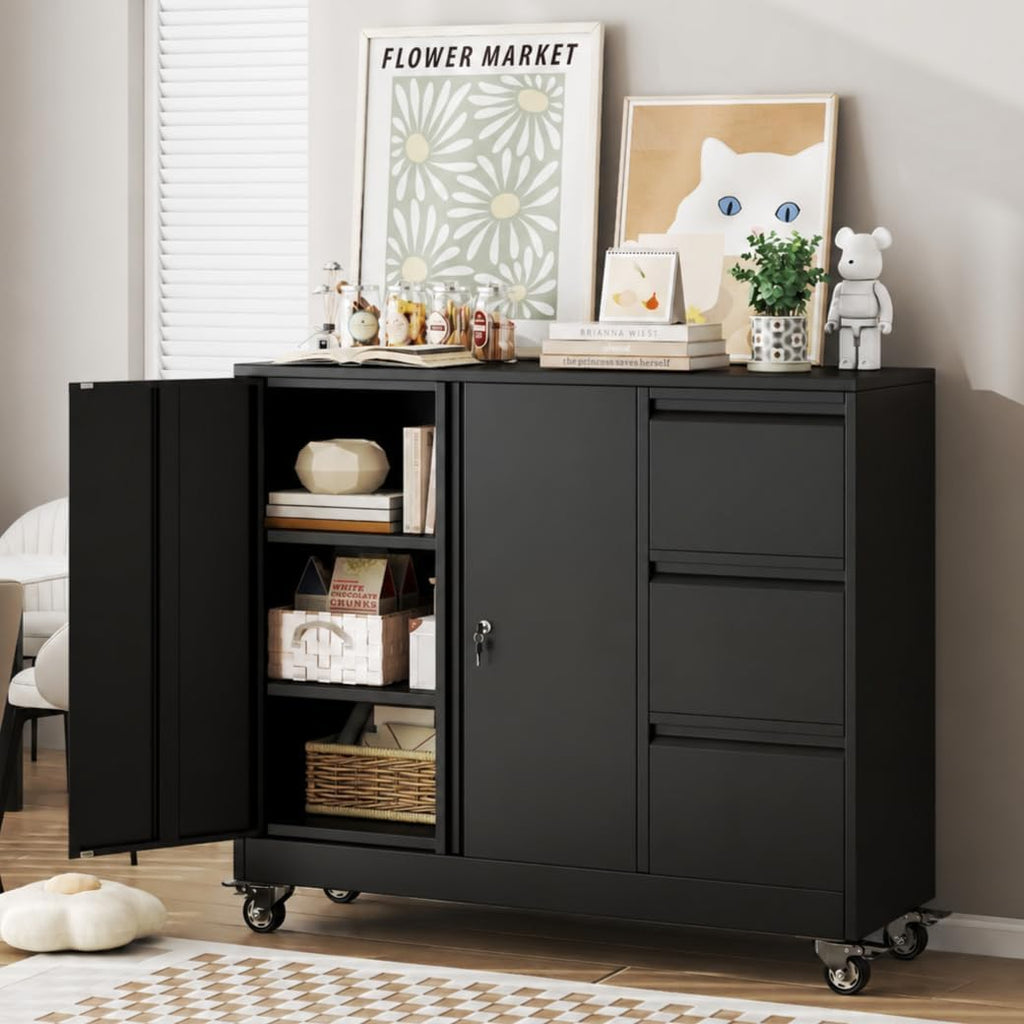 Black Mobile 3‑Drawer File Cabinet Printer Stand