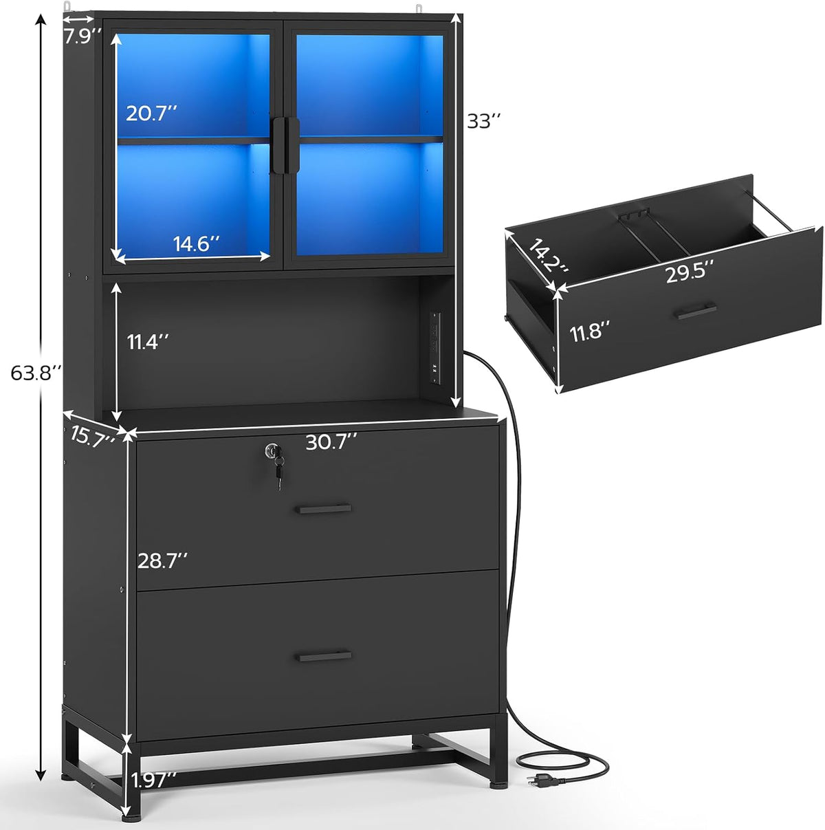 Black Lockable File Cabinet with Charging Station