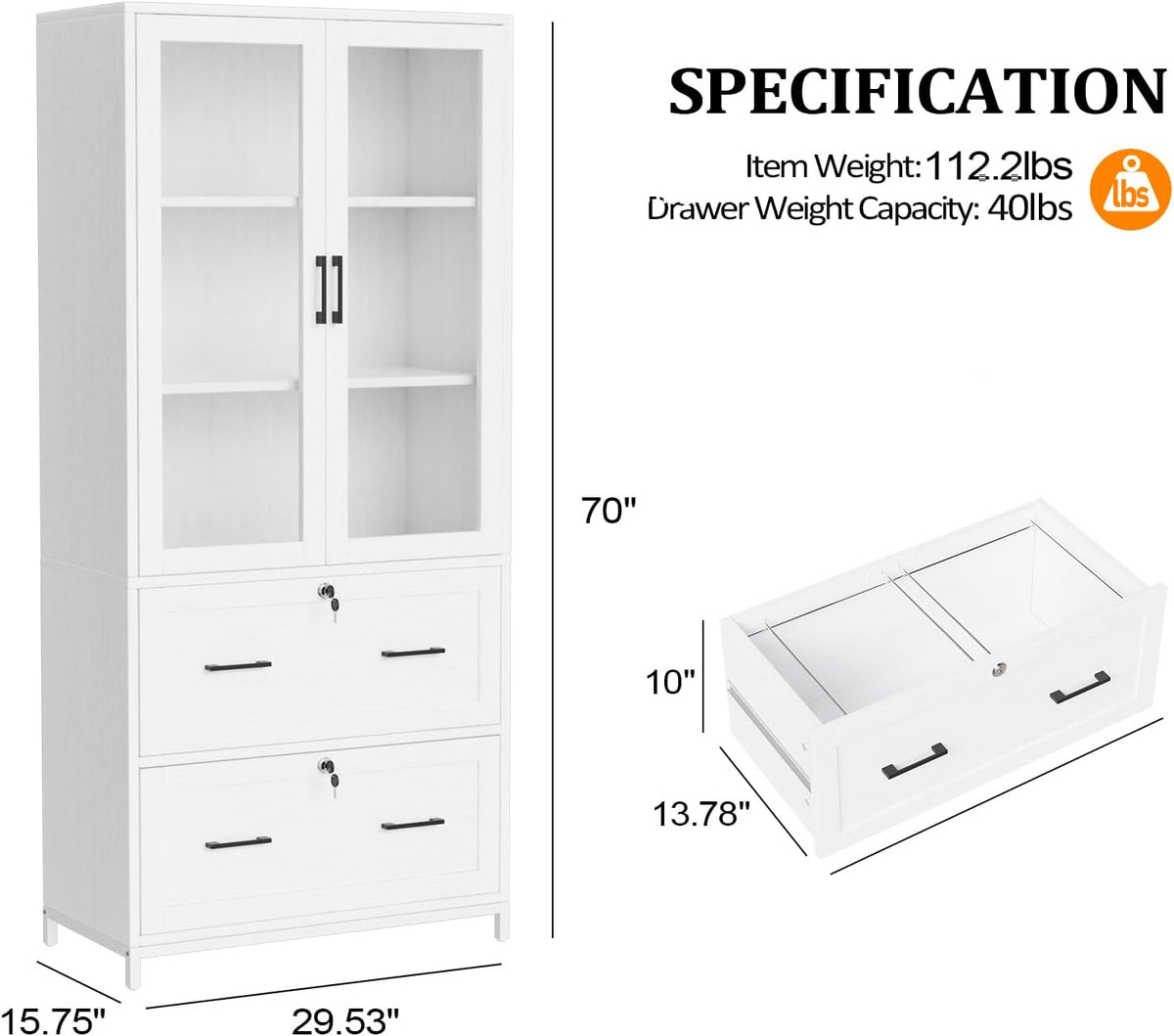White Lateral File Cabinet with Glass Doors & Locking Drawers