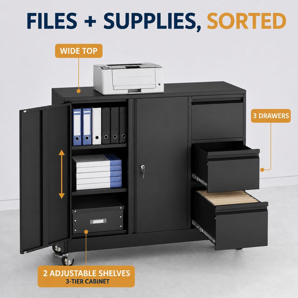 Black Mobile 3‑Drawer File Cabinet Printer Stand