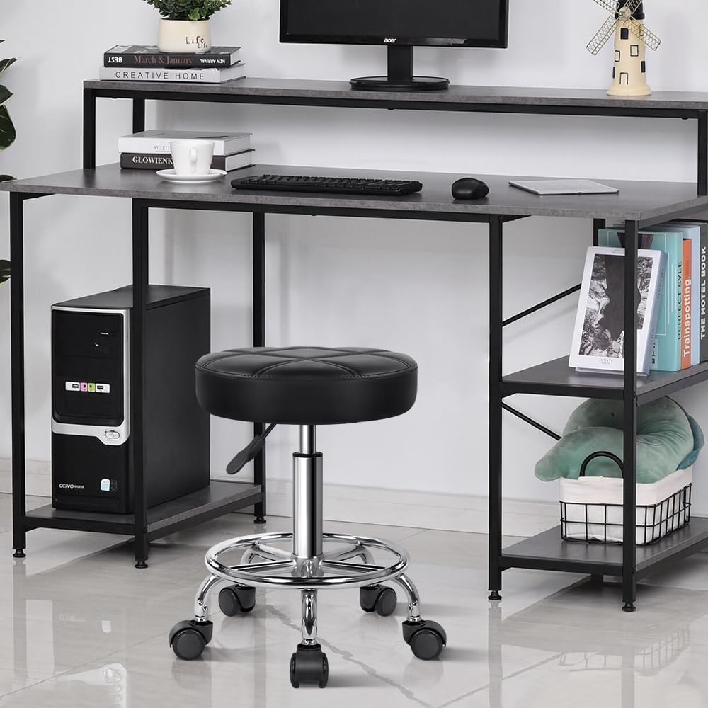 Black Adjustable Swivel Round PU Leather Rolling Stool