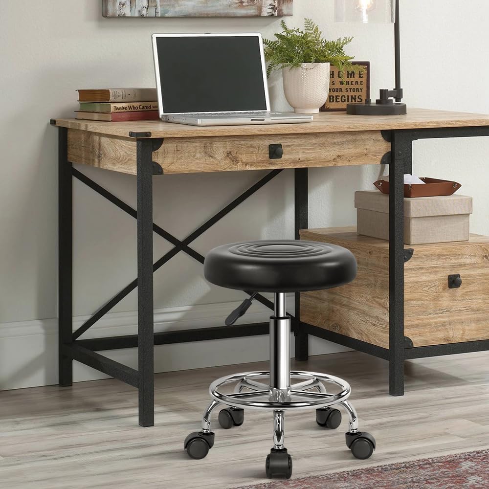 Black Adjustable Round Rolling PU Leather Stool