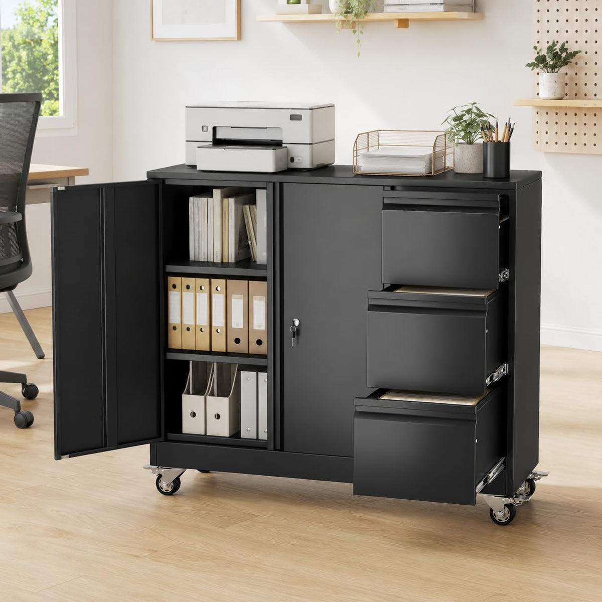 Black Mobile 3‑Drawer File Cabinet Printer Stand