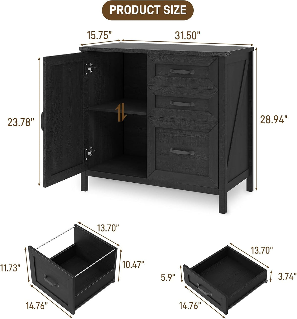 Rustic Black 3‑Drawer Farmhouse File Cabinet