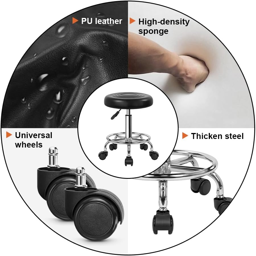 Black Adjustable Round Rolling PU Leather Stool