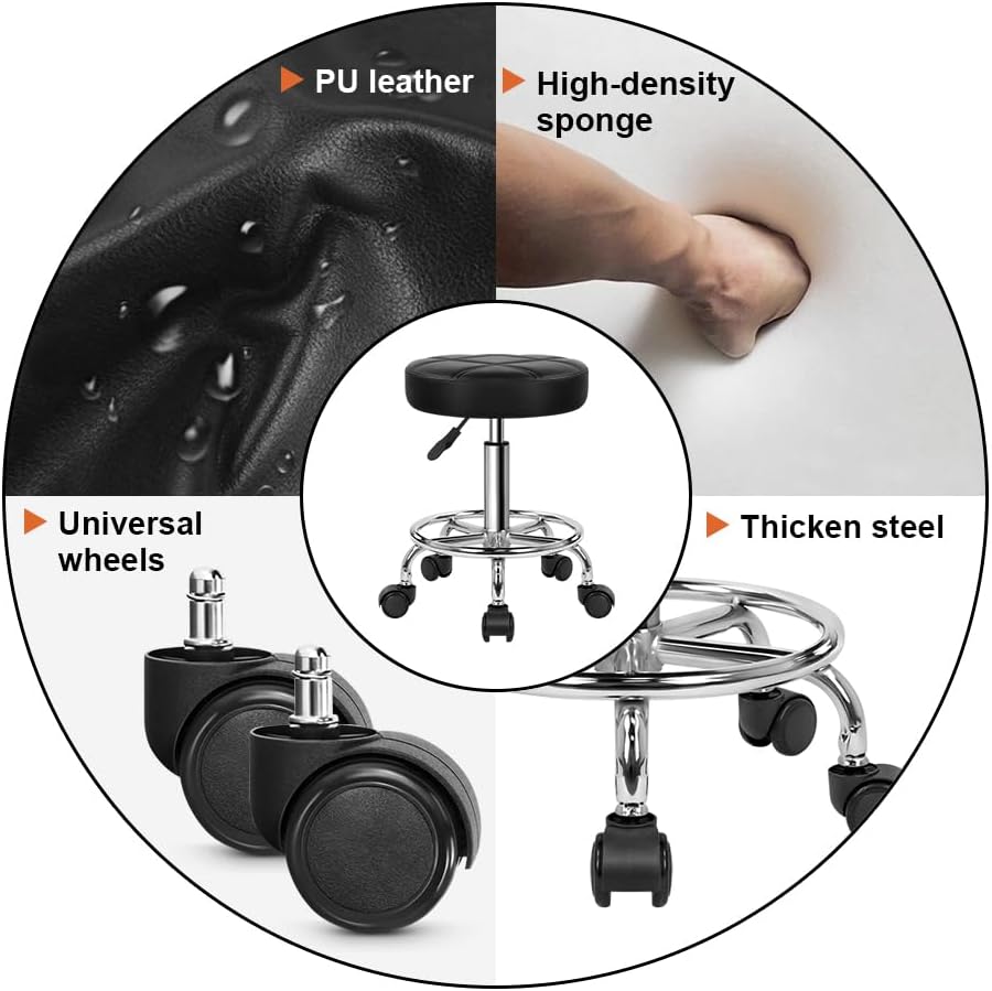 Black Adjustable Swivel Round PU Leather Rolling Stool