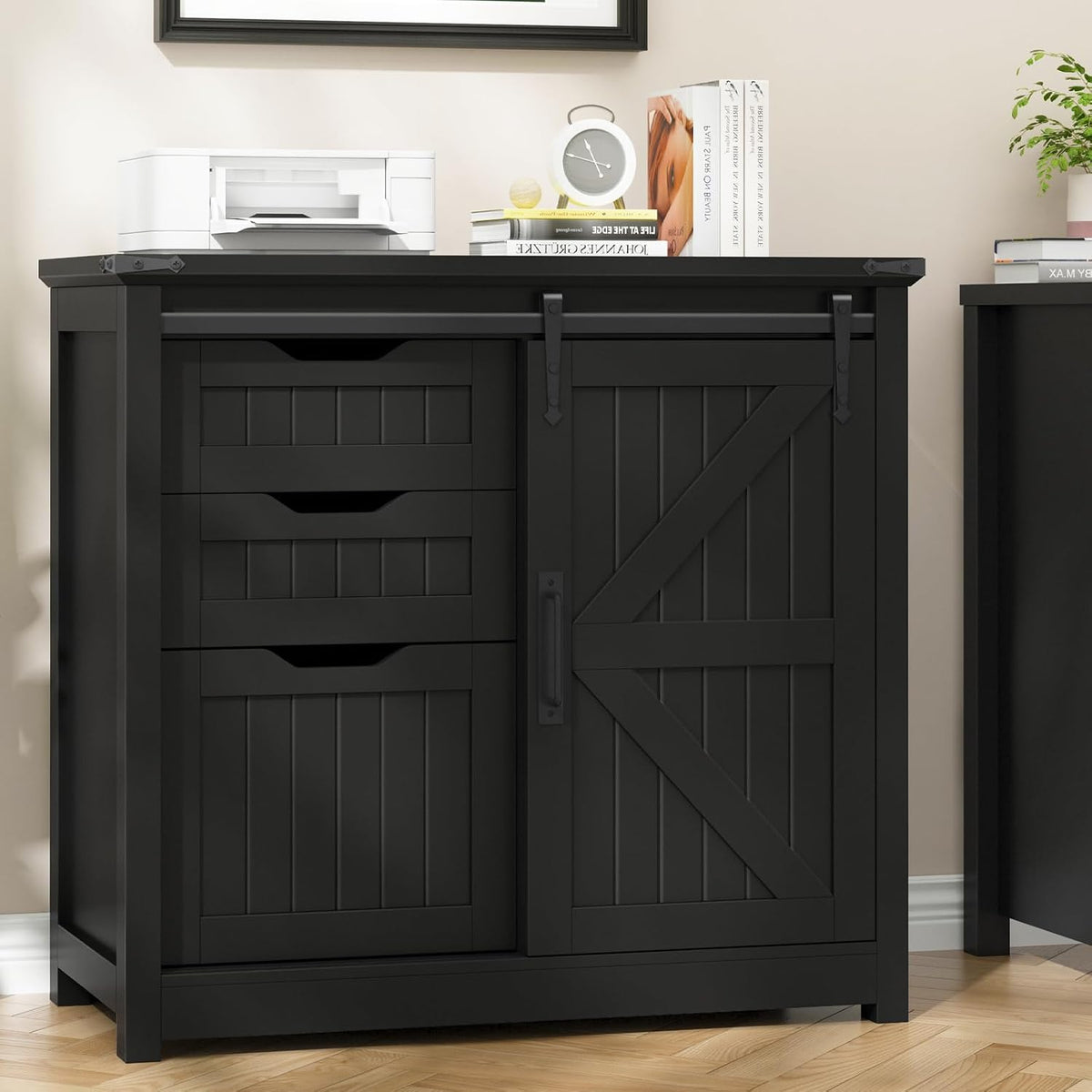 Black Lateral File Cabinet with Adjustable Shelf
