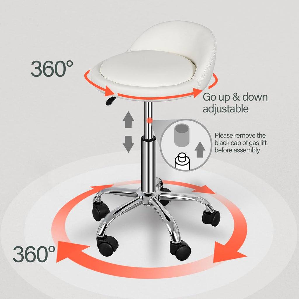 White Adjustable Rolling Swivel Salon Stool with Wheels