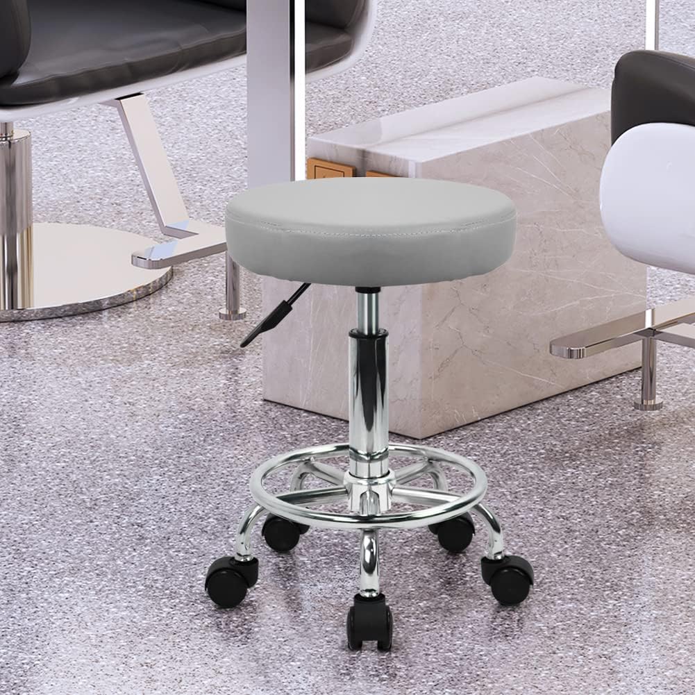 Grey Adjustable Swivel Round PU Leather Rolling Stool