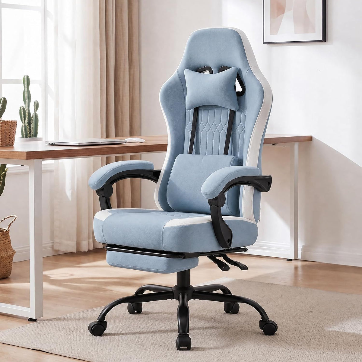 Blue High‑Back Gaming Chair with Footrest