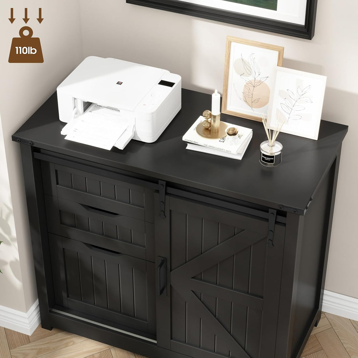 Black Lateral File Cabinet with Adjustable Shelf