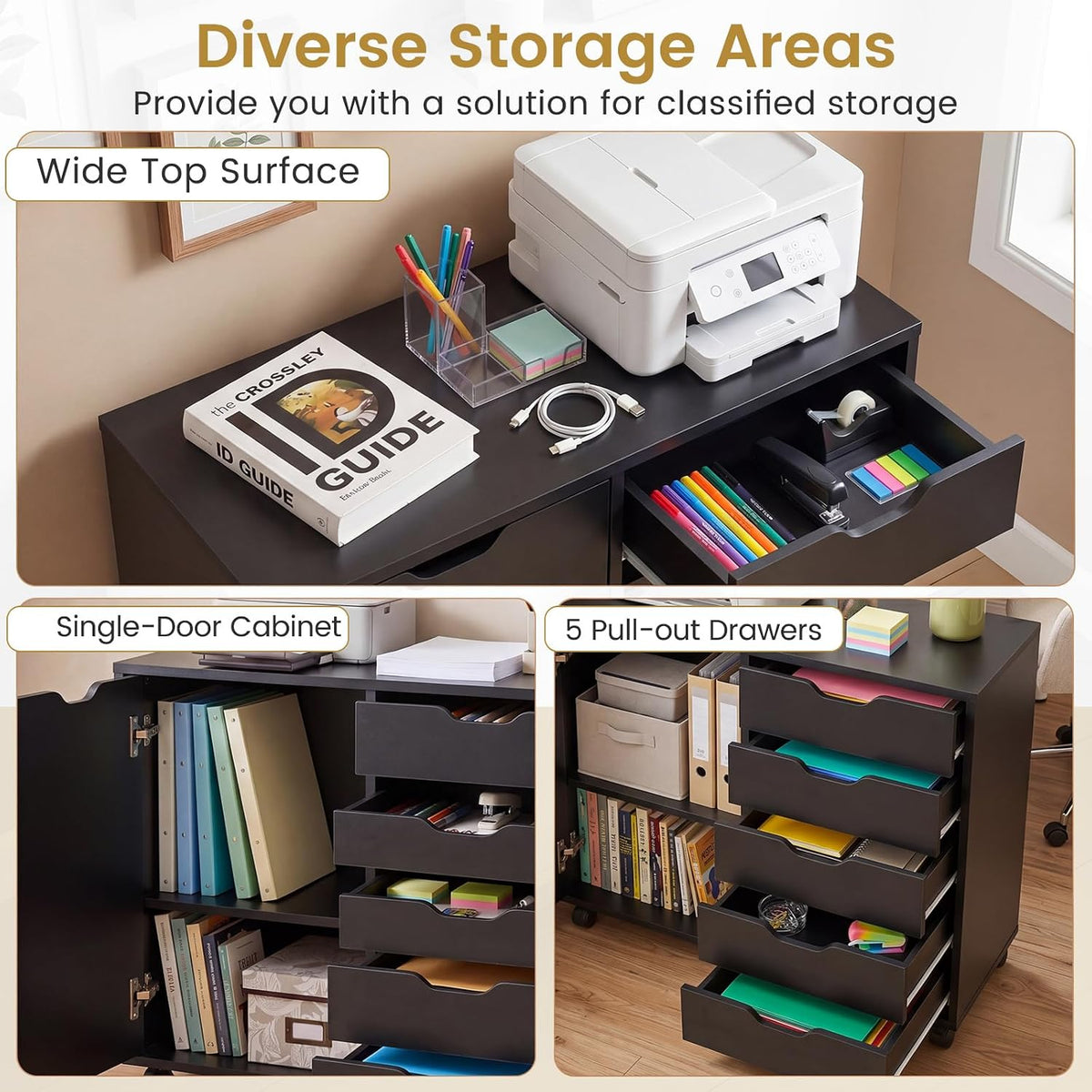 Black Mobile 5‑Drawer Lateral File Cabinet