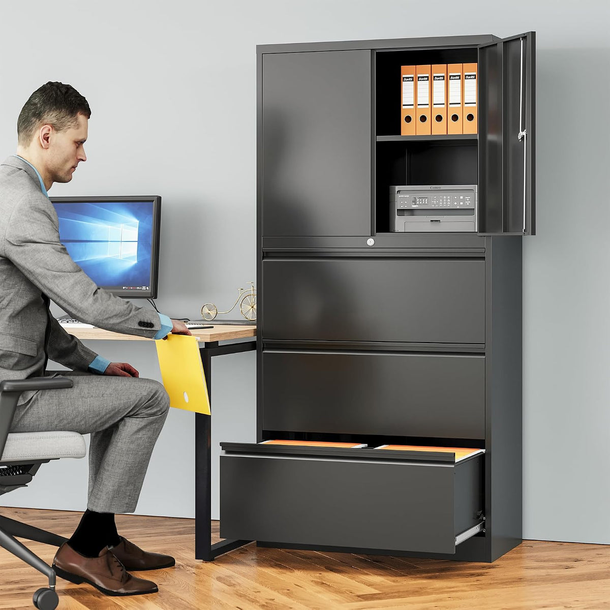 White 3‑Drawer Lockable Lateral File Cabinet with Shelf