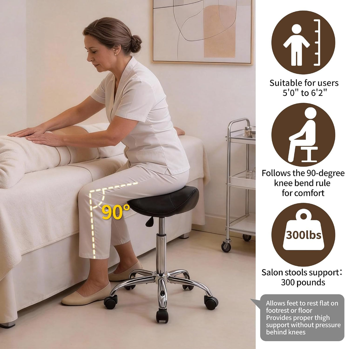 Black Adjustable Rolling Swivel Saddle Stool