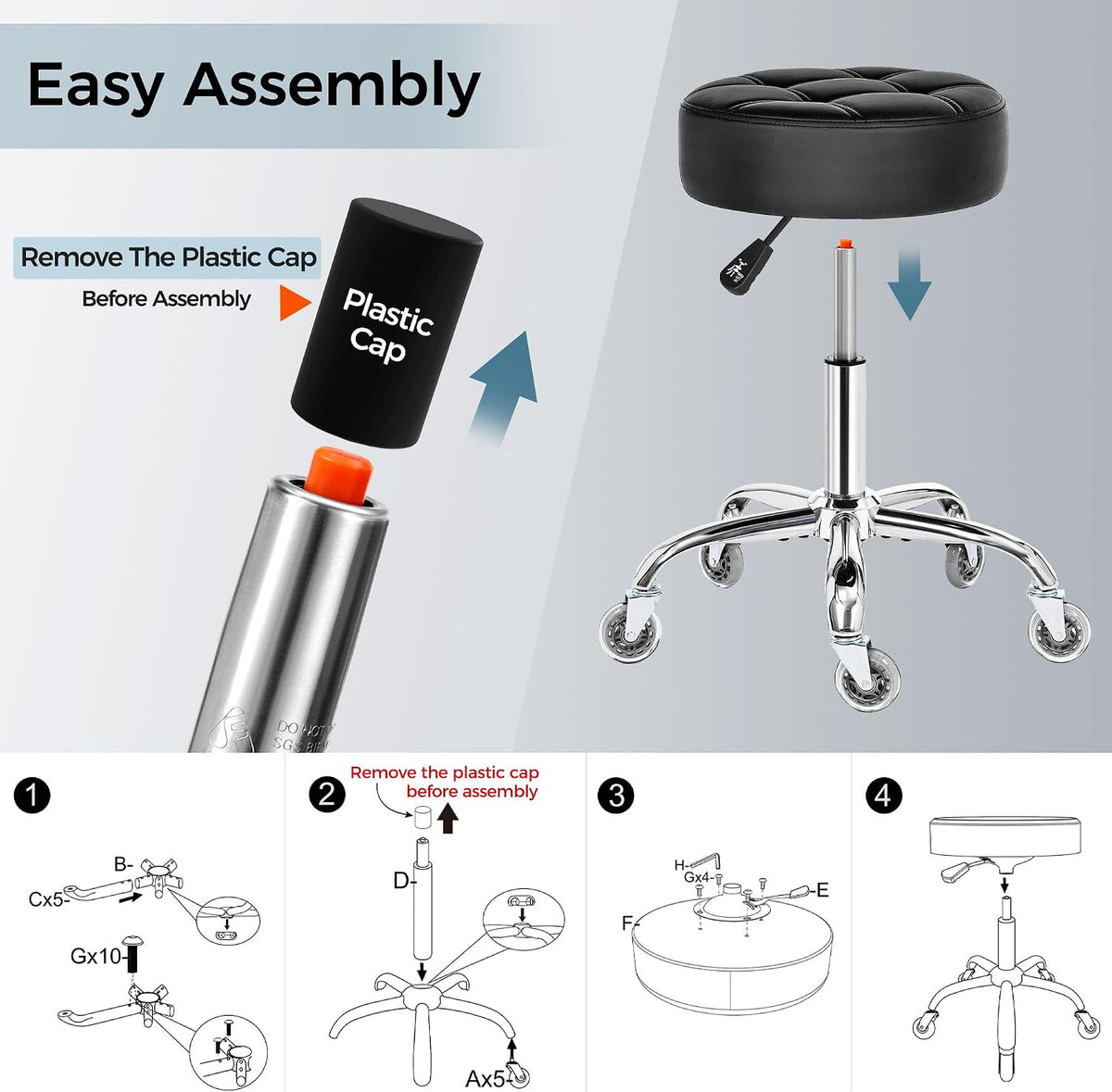Black Adjustable Heavy‑Duty Rolling Stool 450lb