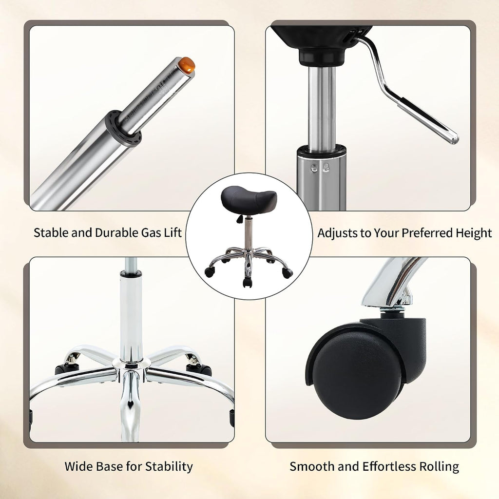 Black Adjustable Rolling Swivel Saddle Stool