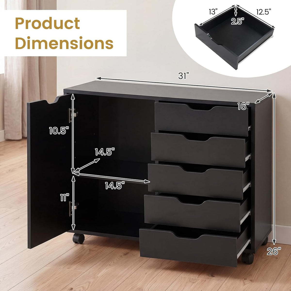 Black Mobile 5‑Drawer Lateral File Cabinet