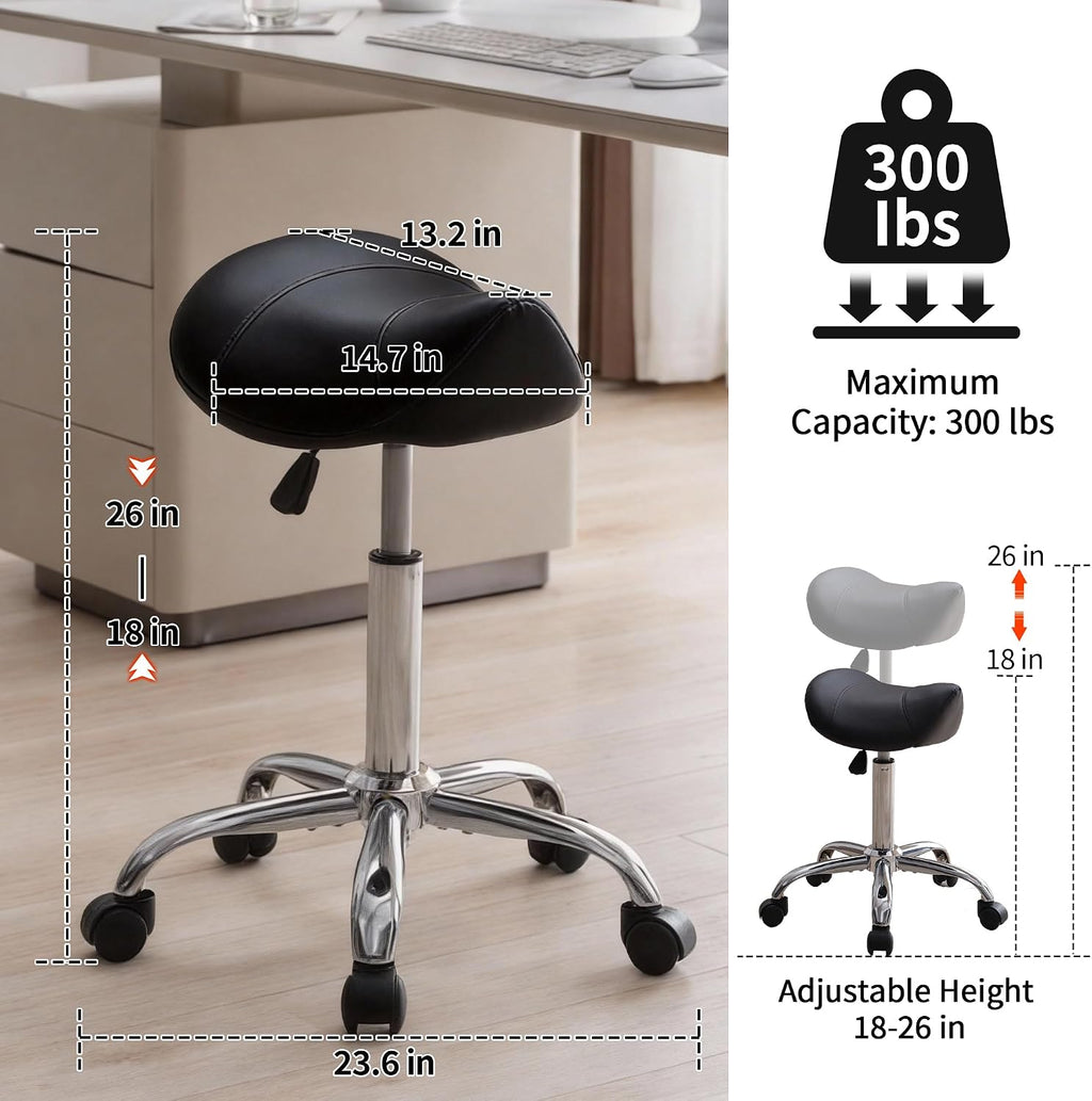 Black Adjustable Rolling Swivel Saddle Stool