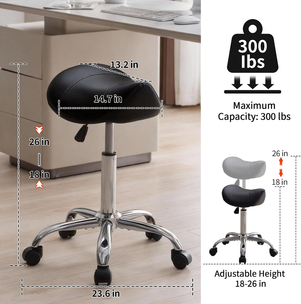 Black Adjustable Rolling Swivel Saddle Stool
