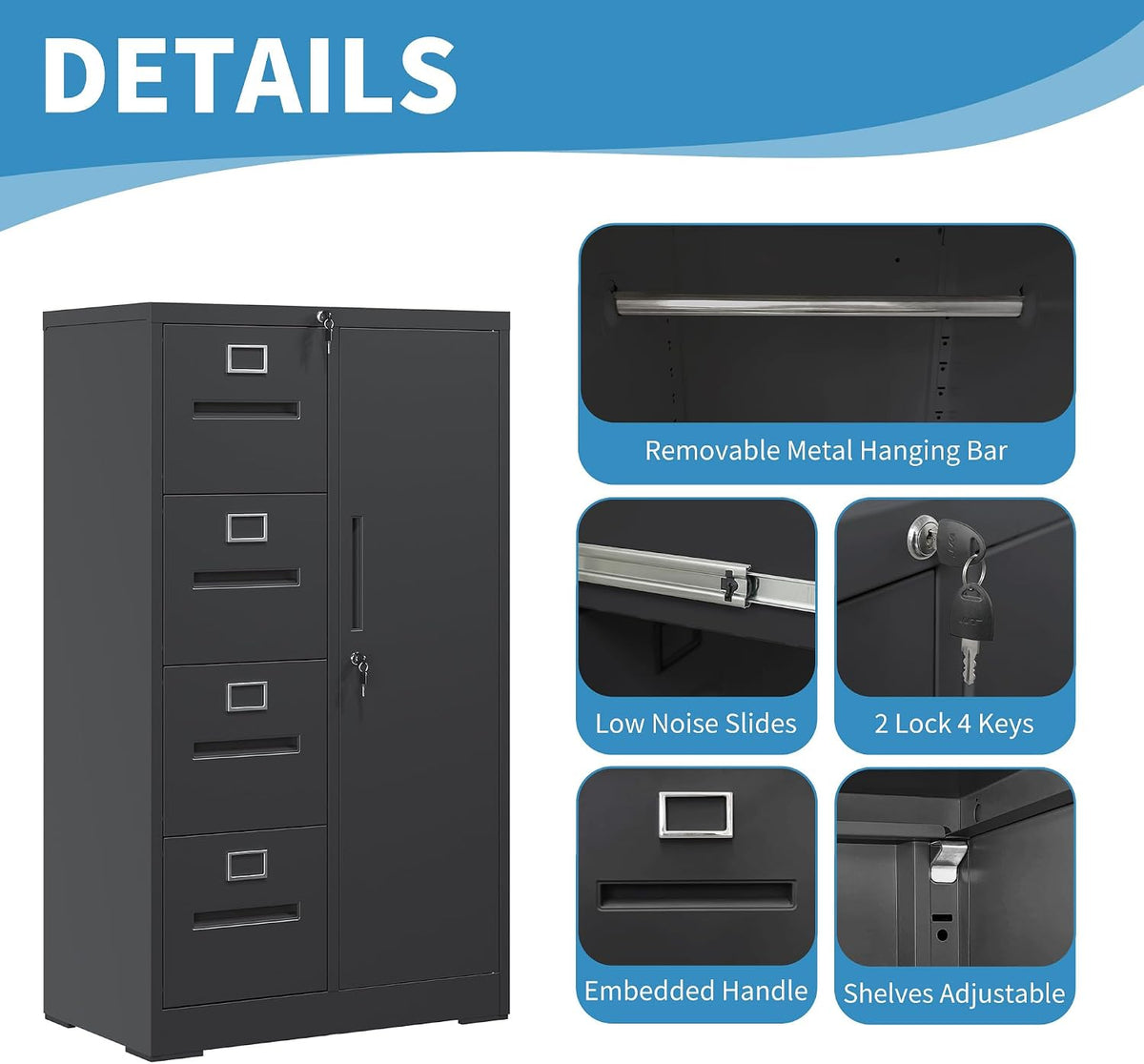 Black 4‑Drawer Lockable Vertical Metal File Cabinet