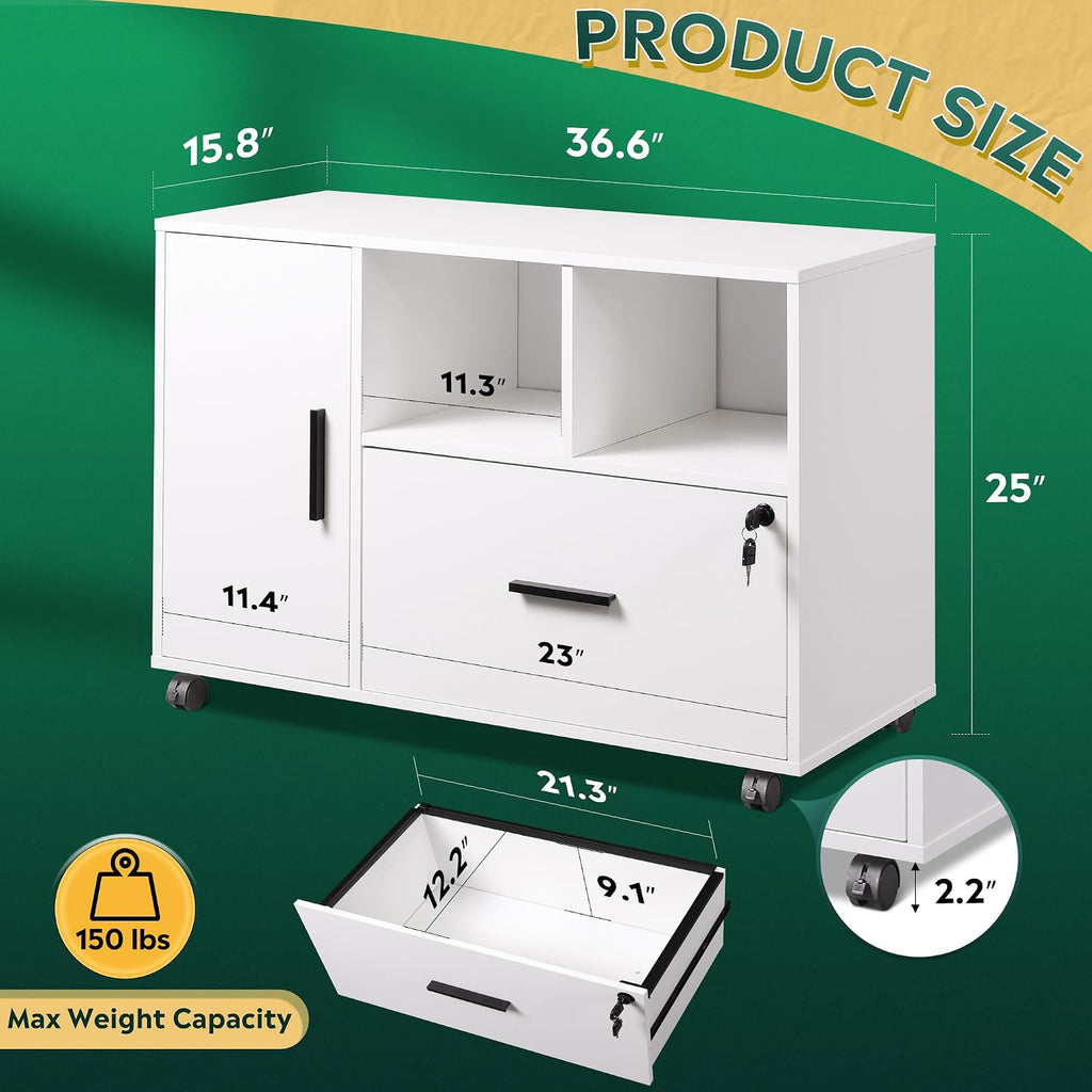 White Mobile 1‑Drawer Lateral File Cabinet with Lock