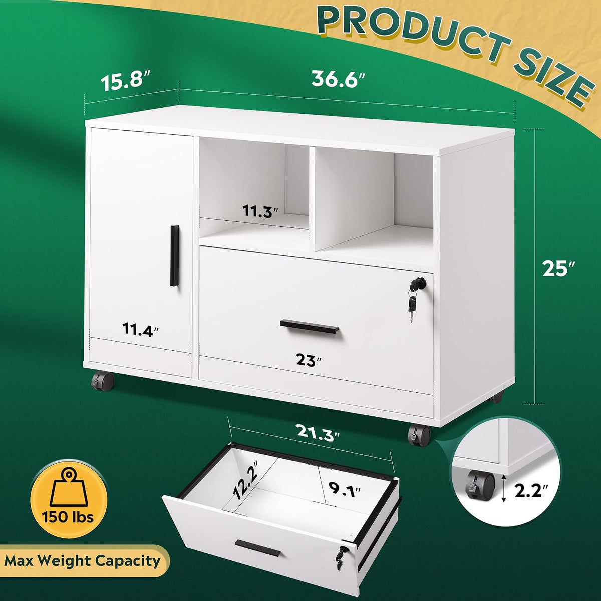 White Mobile 1‑Drawer Lateral File Cabinet with Lock