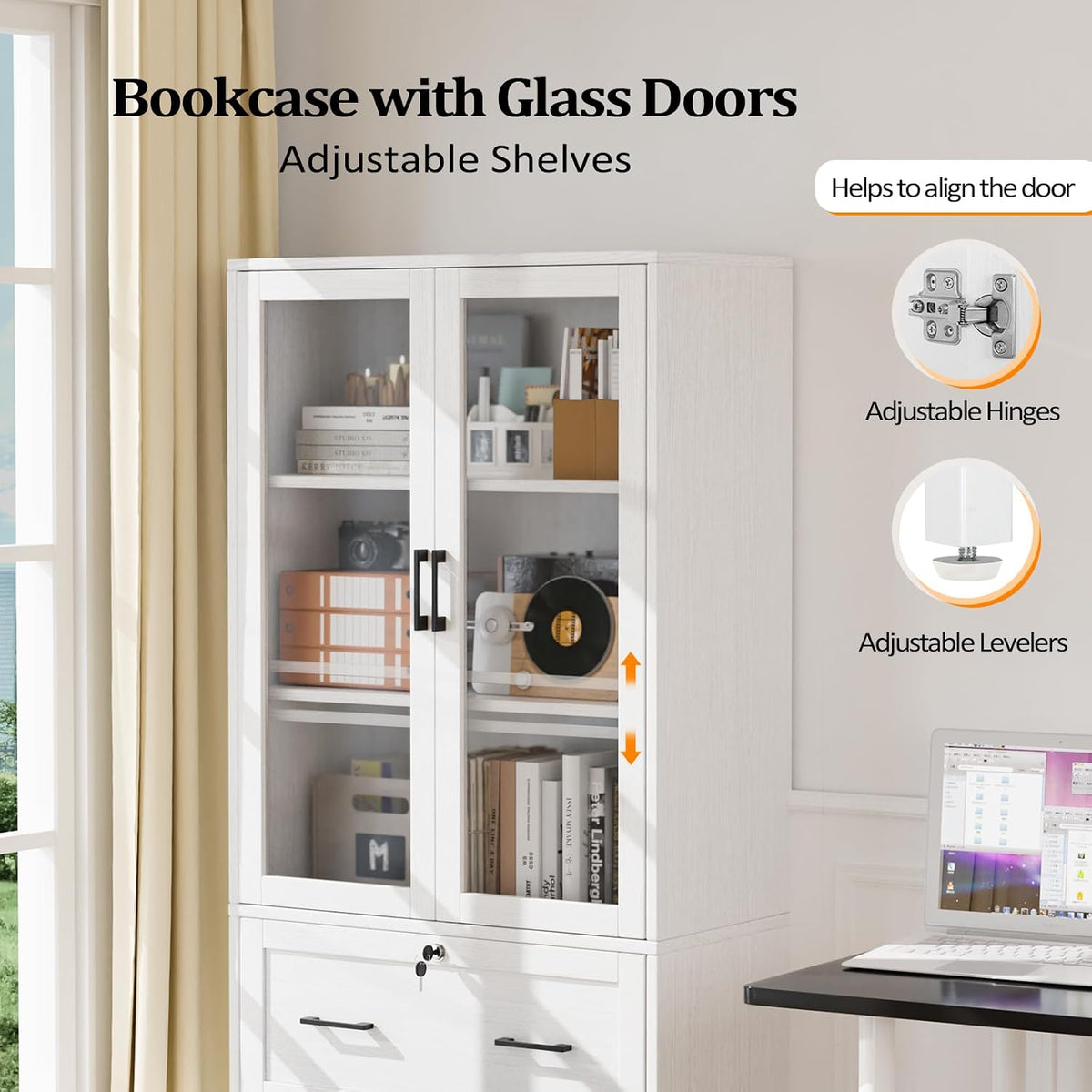 White Lateral File Cabinet with Glass Doors & Locking Drawers