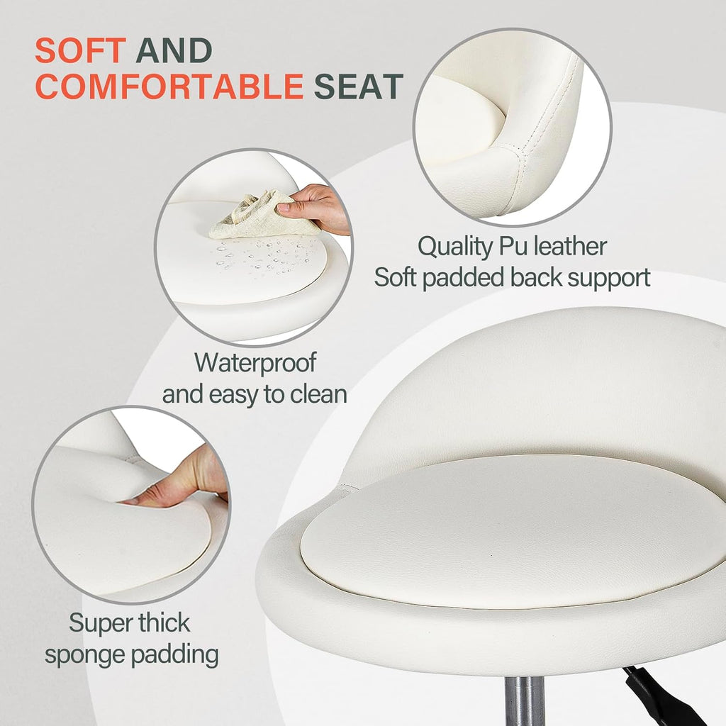 White Adjustable Rolling Swivel Salon Stool with Wheels
