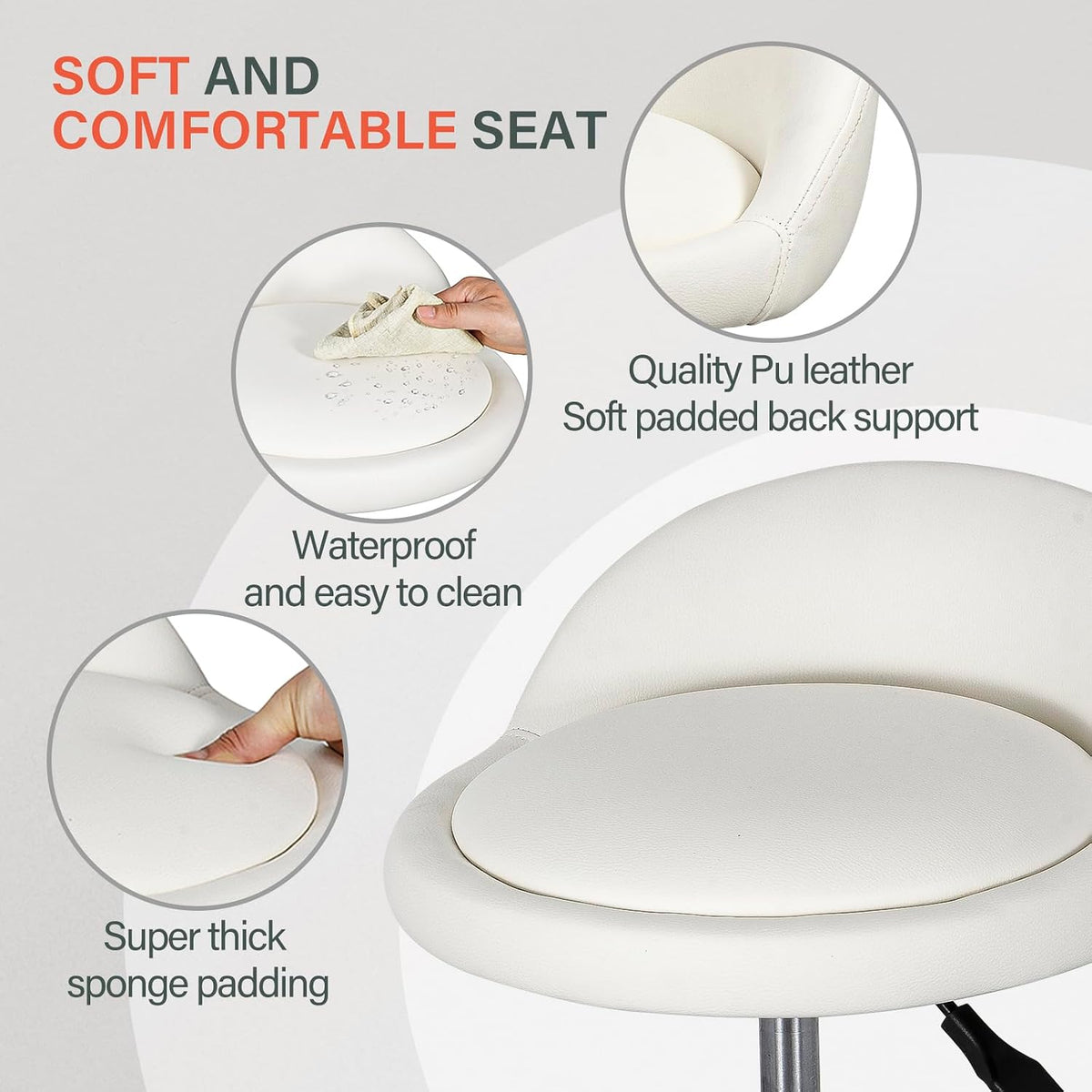White Adjustable Rolling Swivel Salon Stool with Wheels