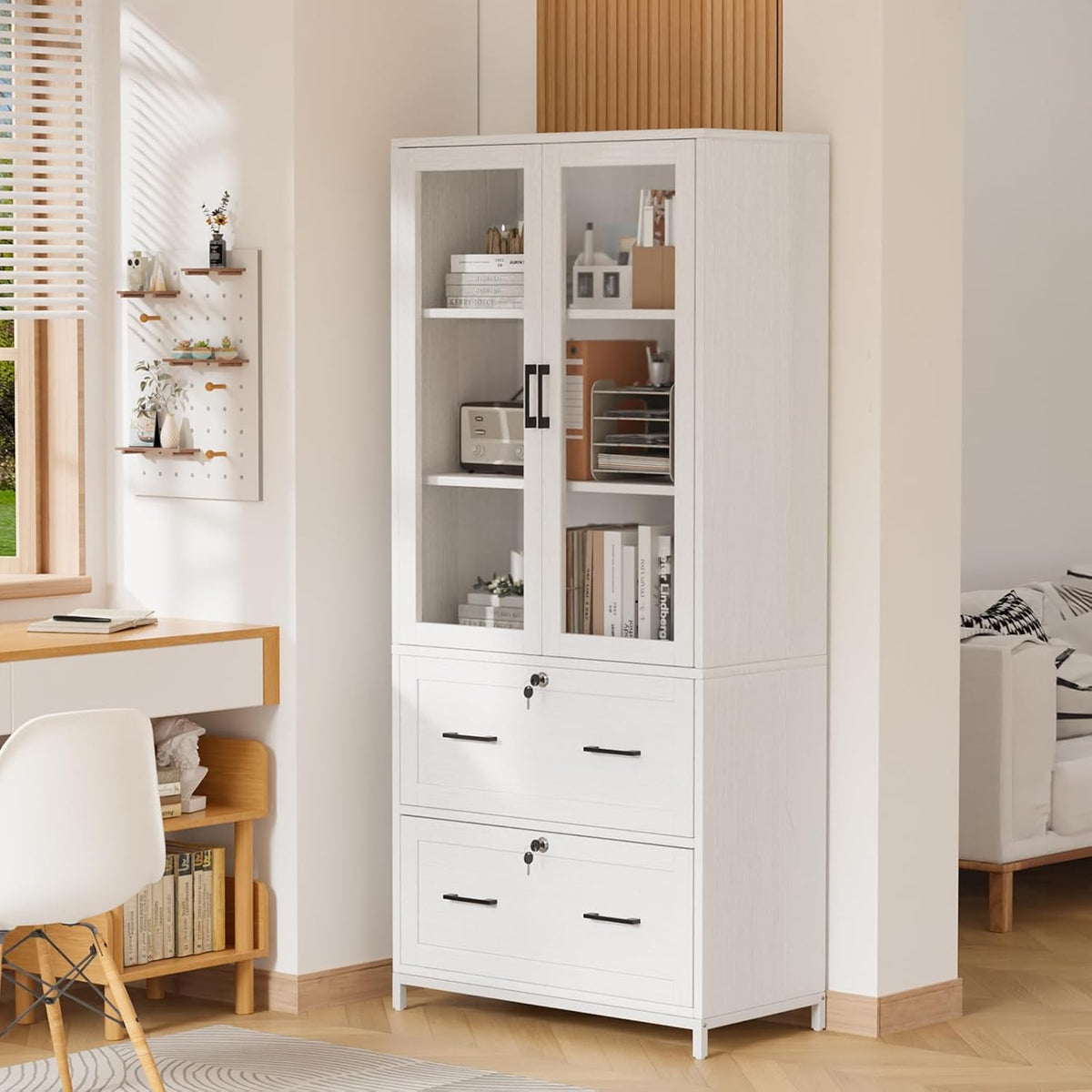 White Lateral File Cabinet with Glass Doors & Locking Drawers