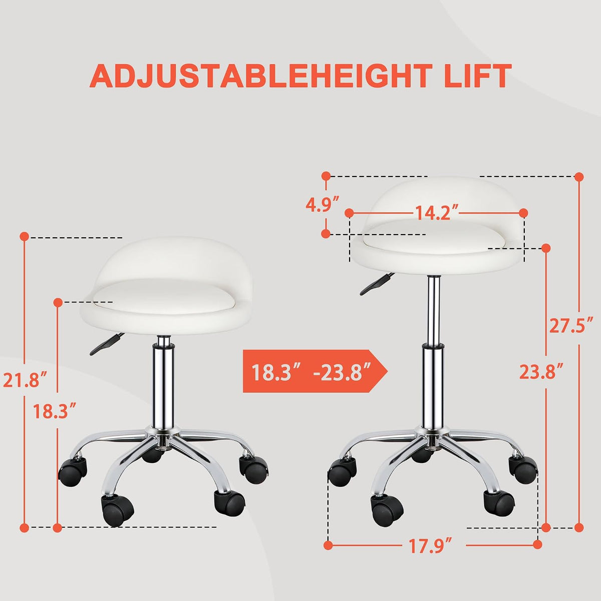 White Adjustable Rolling Swivel Salon Stool with Wheels