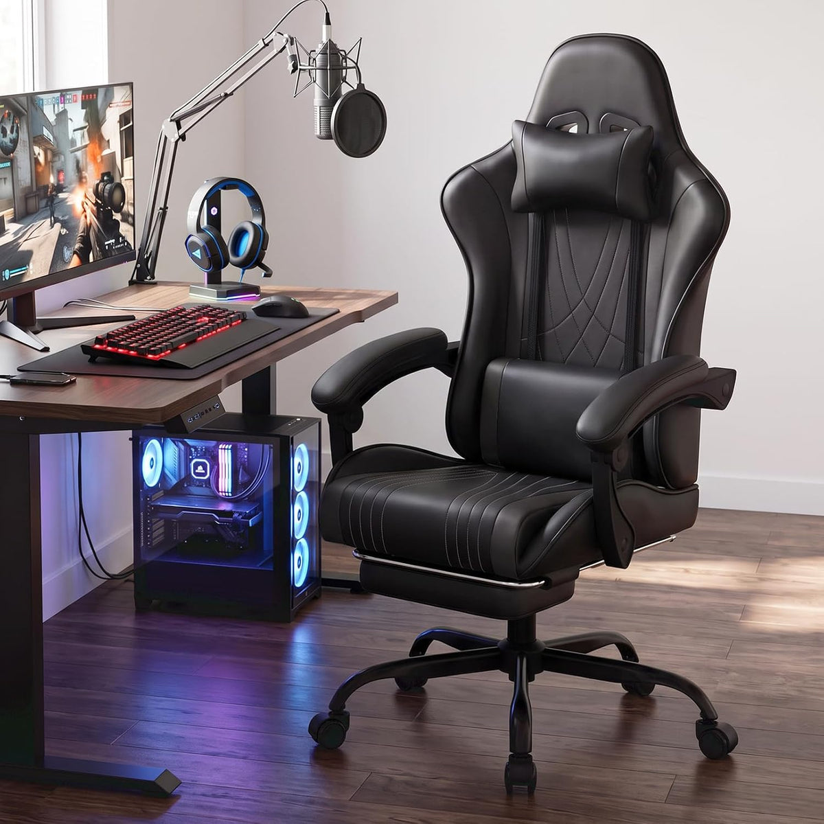 Black High‑Back Gaming Chair with Footrest