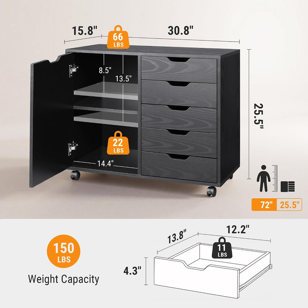 Black 5‑Drawer Wood Office Storage Cabinet