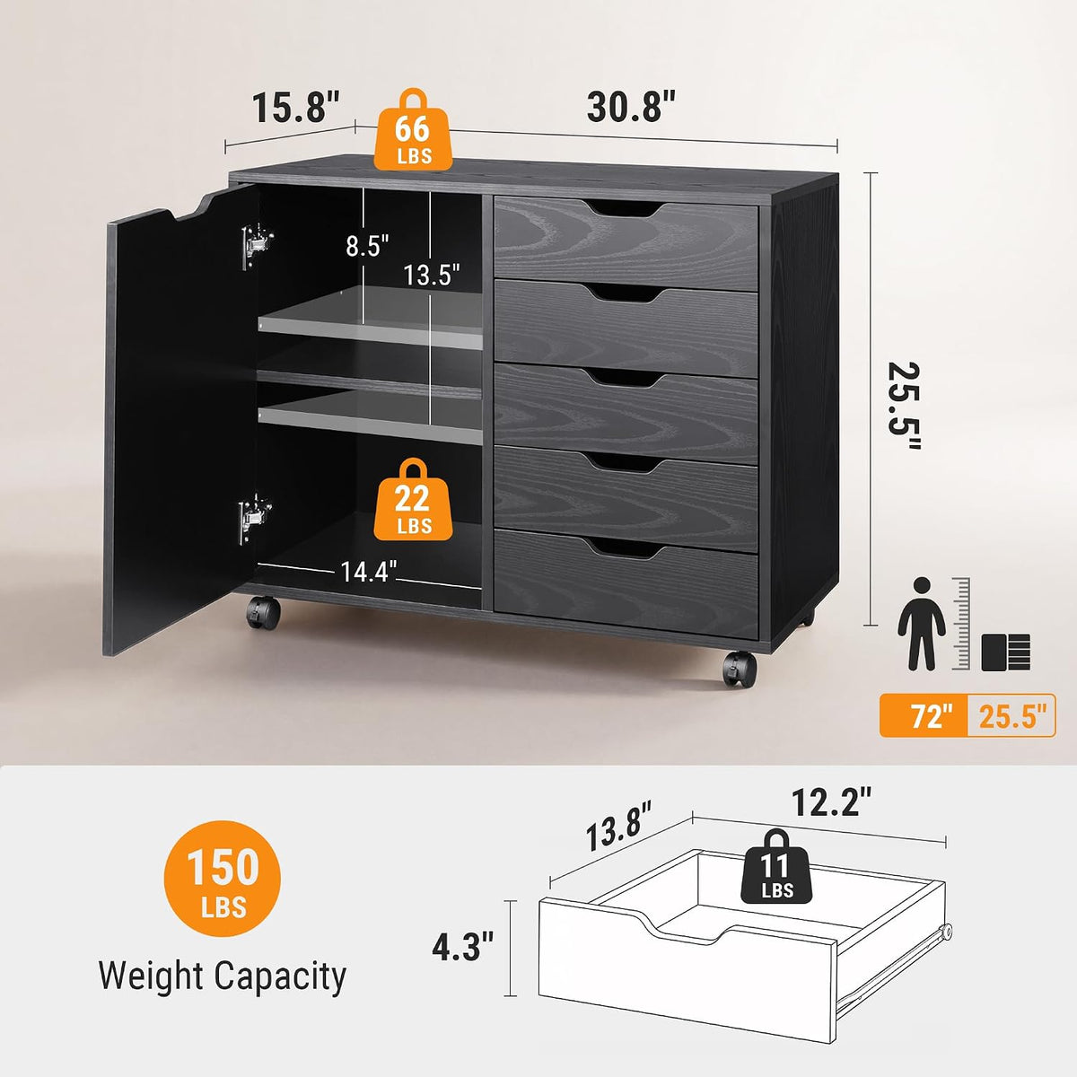 Black 5‑Drawer Wood Office Storage Cabinet
