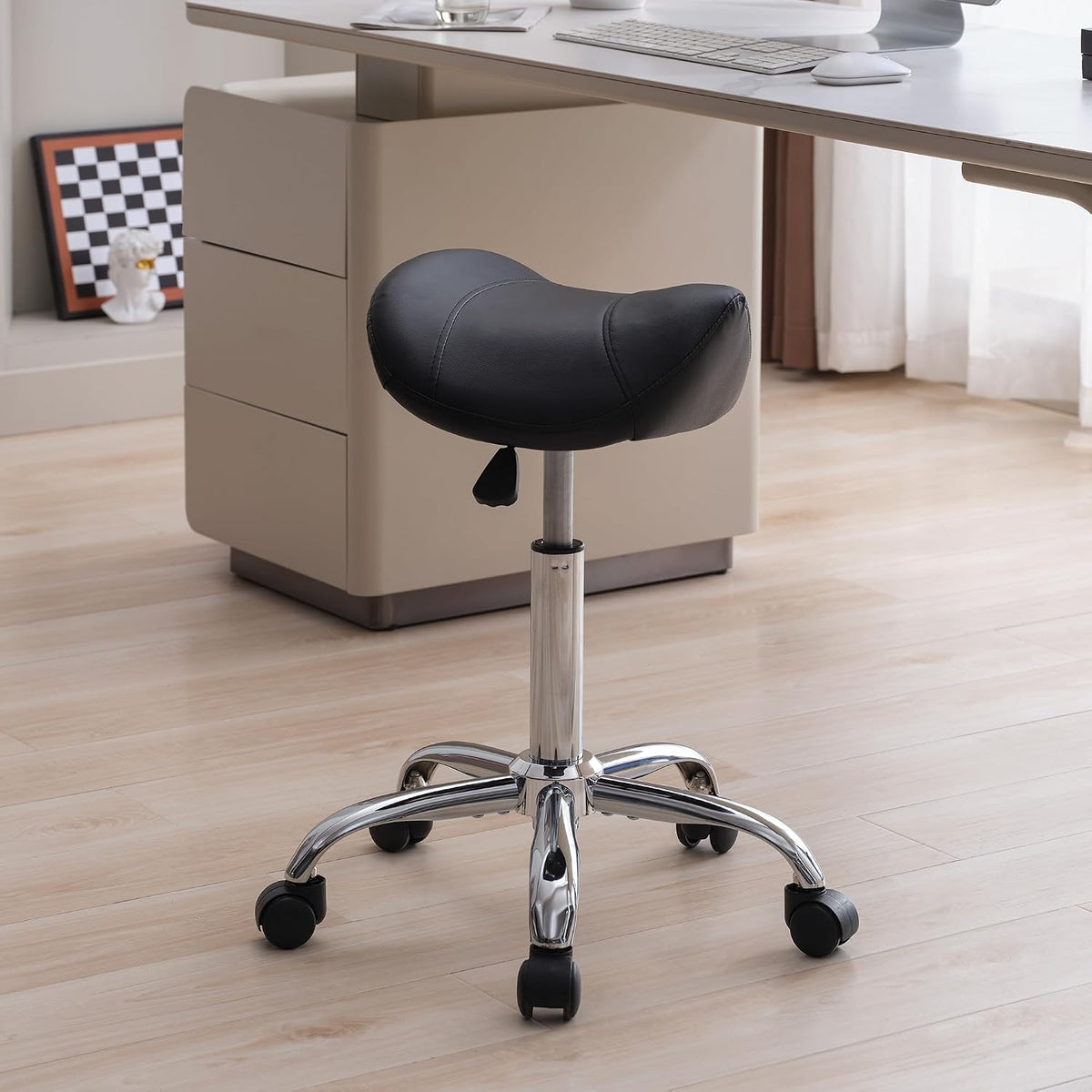 Black Adjustable Rolling Swivel Saddle Stool