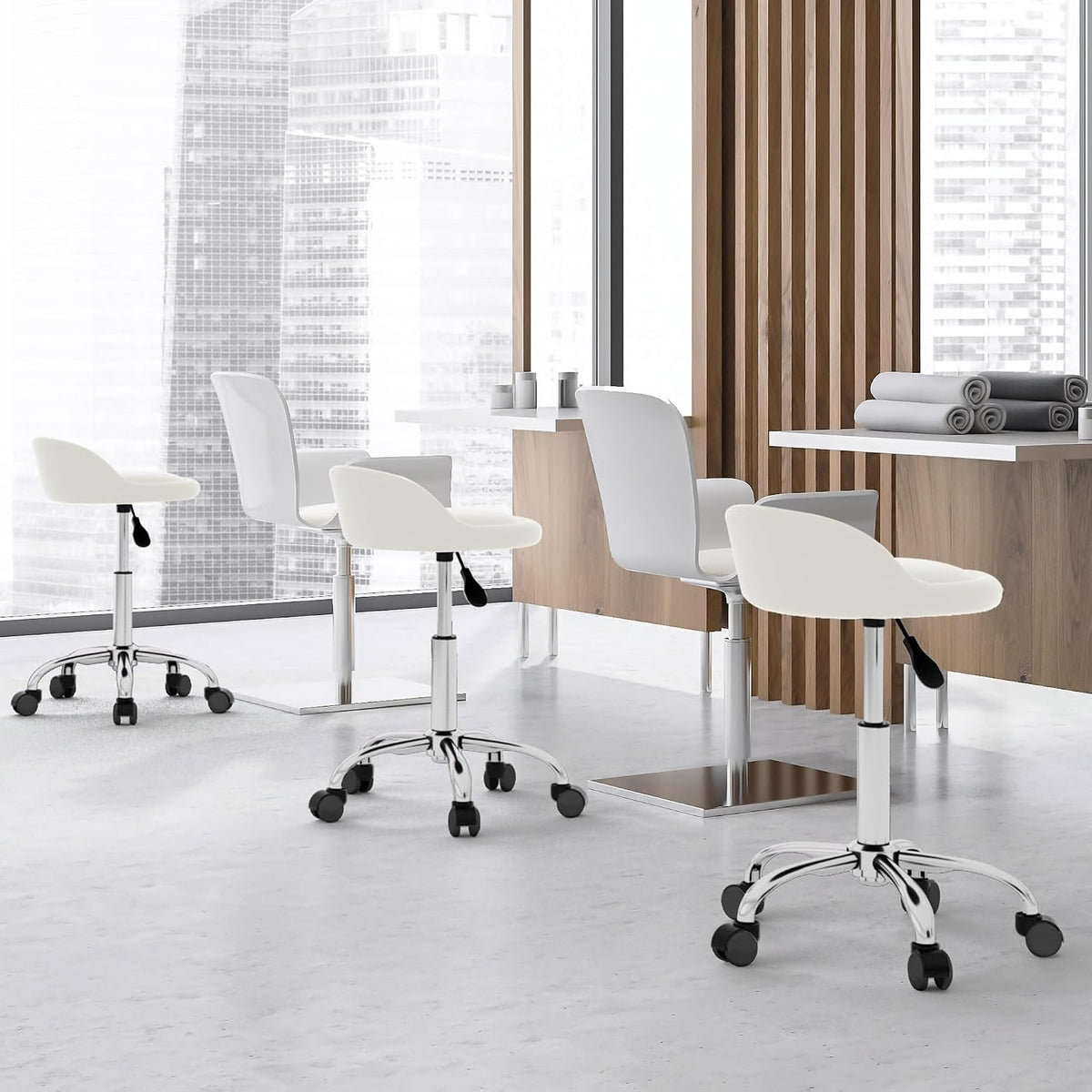 White Adjustable Rolling Swivel Salon Stool with Wheels