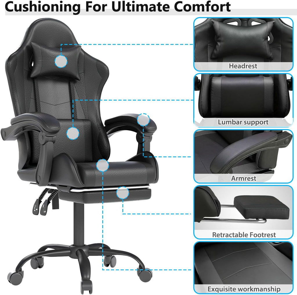 Black High‑Back Gaming Chair with Footrest