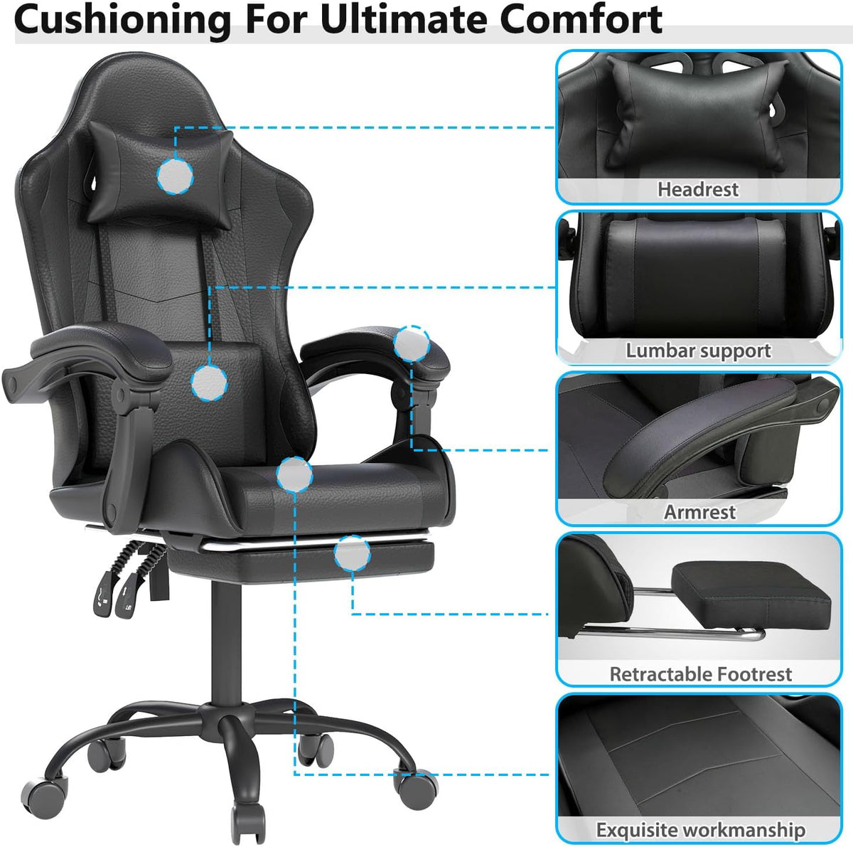 Black High‑Back Gaming Chair with Footrest