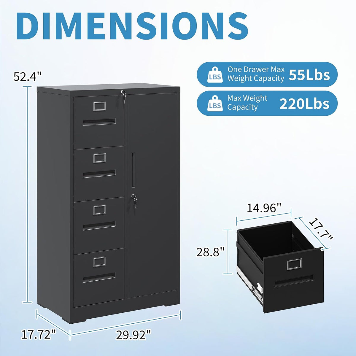 Black 4‑Drawer Lockable Vertical Metal File Cabinet