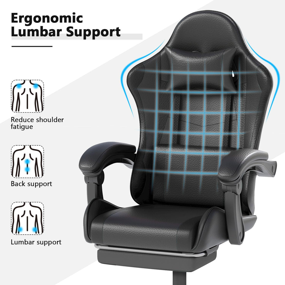 Black High‑Back Gaming Chair with Footrest