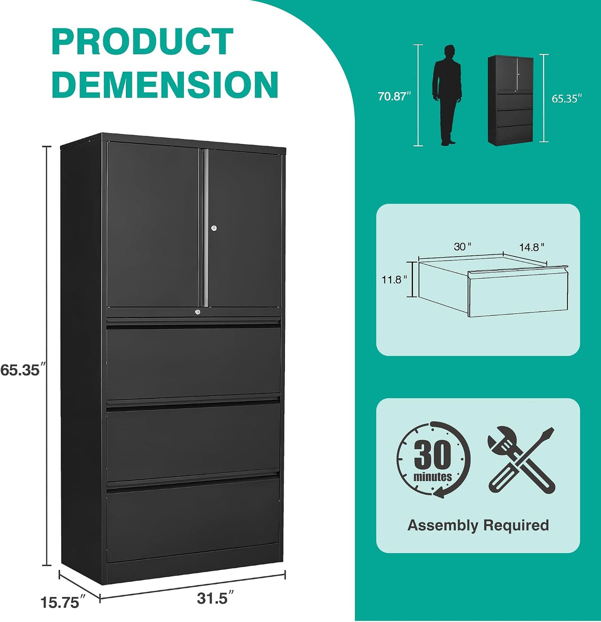White 3‑Drawer Lockable Lateral File Cabinet with Shelf